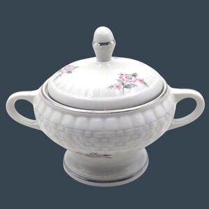 Hall China Forman Family Floral Sugar Bowl Lid Handles USA Vintage MCM Porcelain